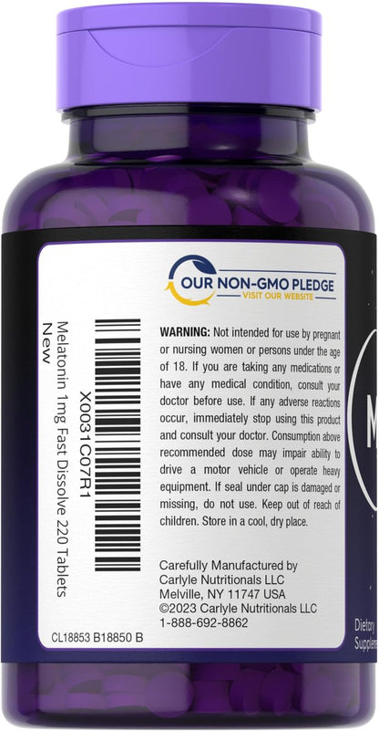 Carlyle Melatonin 1 mg | 220 schnell lösliche Tabletten | Niedrige Dosis | Vegetarisch, Nicht-GVO, Glutenfrei