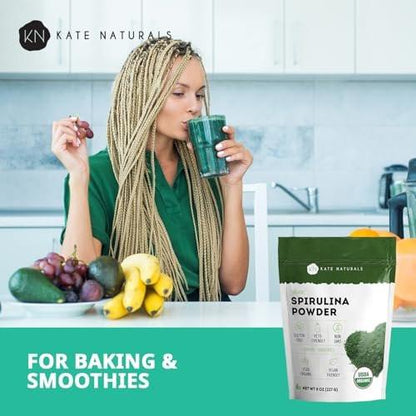 Kate Naturals Bio Spirulina Pulver – Immununterstützung & Antioxidantien, nährstoffreiches Superfood (227 g, USDA Bio, Non-GMO, glutenfrei)