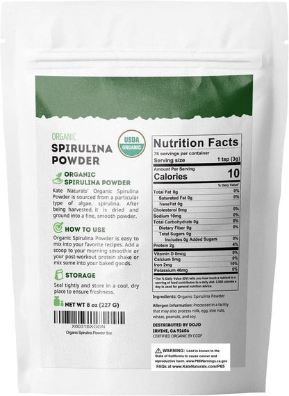 Kate Naturals Bio Spirulina Pulver – Immununterstützung & Antioxidantien, nährstoffreiches Superfood (227 g, USDA Bio, Non-GMO, glutenfrei)
