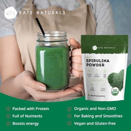 Kate Naturals Bio Spirulina Pulver – Immununterstützung & Antioxidantien, nährstoffreiches Superfood (227 g, USDA Bio, Non-GMO, glutenfrei)