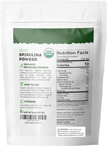 Kate Naturals Bio Spirulina Pulver – Nährstoffreiches Superfood-Ergänzungsmittel (340 g, USDA Bio, Nicht-GVO, Glutenfrei)