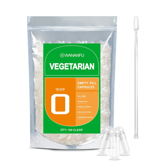 wananfu Leere Kapseln Größe 0, Vegetarisch (100 Stück) mit Mikro-Lab-Löffel, Klare Befüllbare Veggie-Kapseln zur Herstellung eigener Nahrungsergänzungsmittel