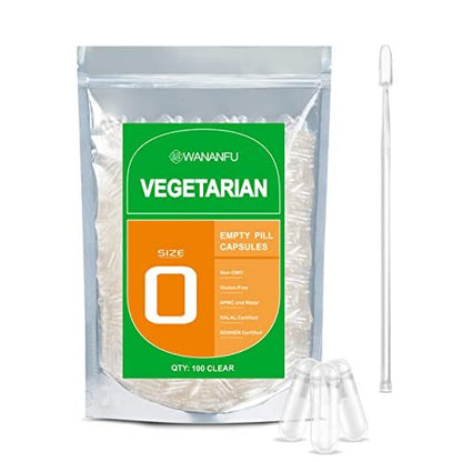 wananfu Leere Kapseln Größe 0, Vegetarisch (100 Stück) mit Mikro-Lab-Löffel, Klare Befüllbare Veggie-Kapseln zur Herstellung eigener Nahrungsergänzungsmittel