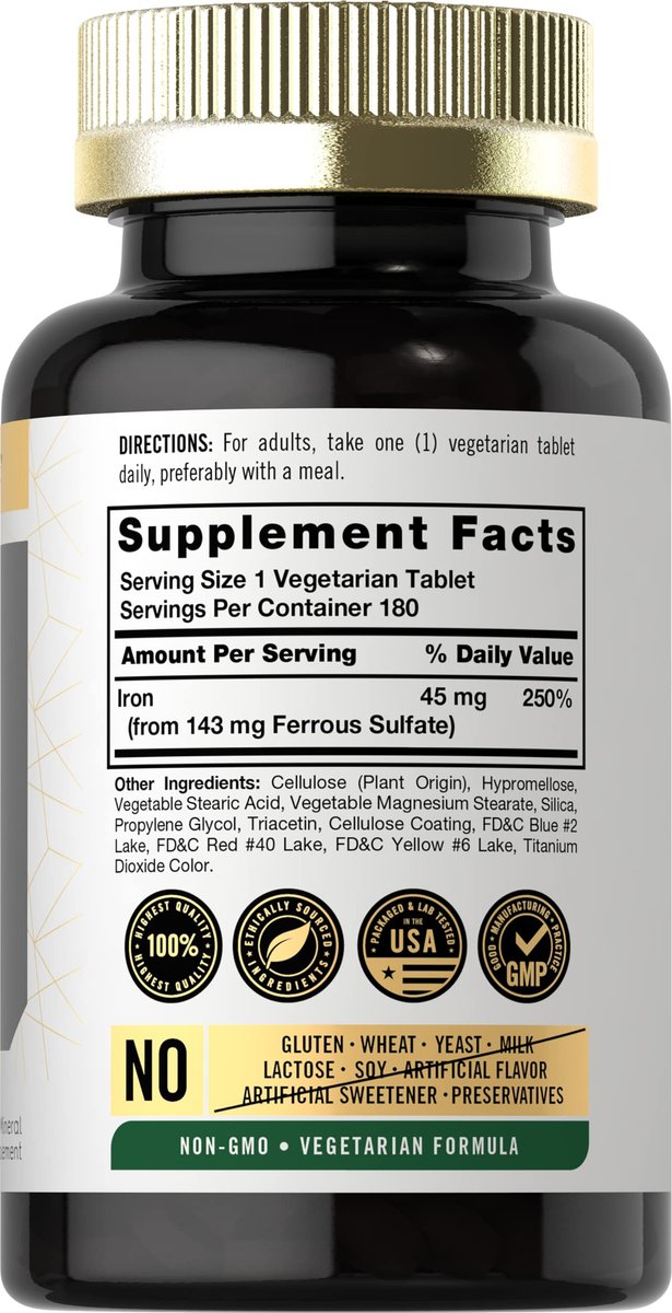 Carlyle Langzeit-Eisen 45 mg | 180 Tabletten | Eisen(II)-sulfat Mineralergänzung | für Männer & Frauen | Vegetarische, Nicht-GVO, Glutenfreie Formel