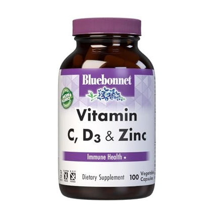 Bluebonnet Nutrition Vitamin C, D3 & Zink – Immununterstützung & Atemwegsfunktion, Sojafrei, Glutenfrei, Nicht-GVO, Koscher, Laktosefrei, 100 Kapseln