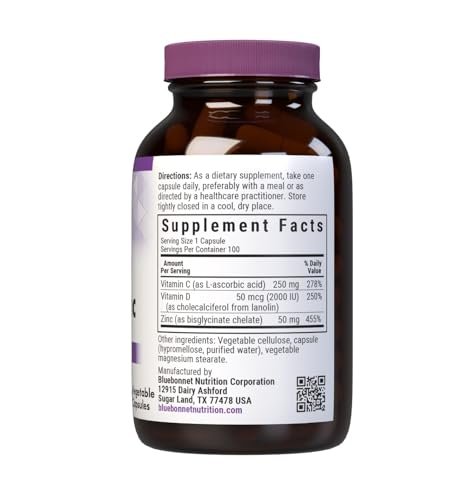 Bluebonnet Nutrition Vitamin C, D3 & Zink – Immununterstützung & Atemwegsfunktion, Sojafrei, Glutenfrei, Nicht-GVO, Koscher, Laktosefrei, 100 Kapseln