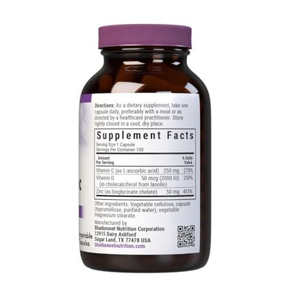 Bluebonnet Nutrition Vitamin C, D3 & Zink – Immununterstützung & Atemwegsfunktion, Sojafrei, Glutenfrei, Nicht-GVO, Koscher, Laktosefrei, 100 Kapseln