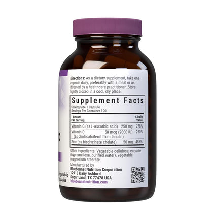 Bluebonnet Nutrition Vitamin C, D3 & Zink – Immununterstützung & Atemwegsfunktion, Sojafrei, Glutenfrei, Nicht-GVO, Koscher, Laktosefrei, 100 Kapseln