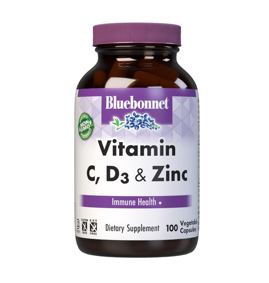 Bluebonnet Nutrition Vitamin C, D3 & Zink – Immununterstützung & Atemwegsfunktion, Sojafrei, Glutenfrei, Nicht-GVO, Koscher, Laktosefrei, 100 Kapseln