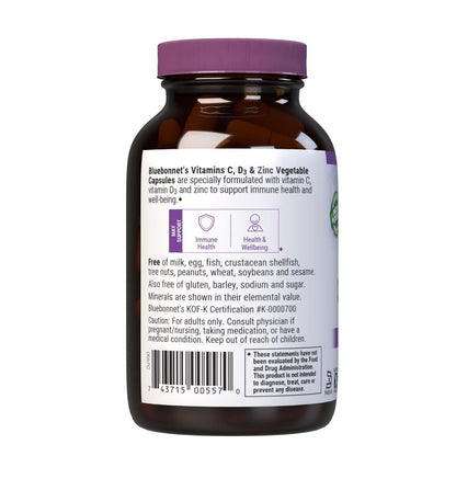 Bluebonnet Nutrition Vitamin C, D3 & Zink – Immununterstützung & Atemwegsfunktion, Sojafrei, Glutenfrei, Nicht-GVO, Koscher, Laktosefrei, 100 Kapseln