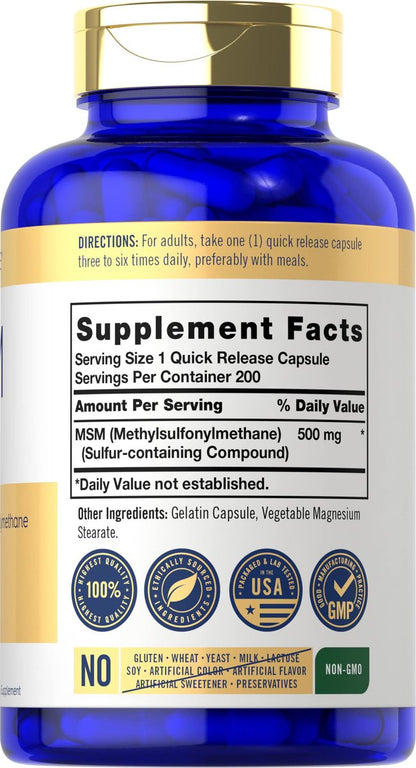 Carlyle MSM Kapseln | 500 mg | 200 Stück | Nicht-GVO & Glutenfrei | Methylsulfonylmethan