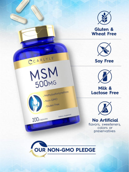 Carlyle MSM Kapseln | 500 mg | 200 Stück | Nicht-GVO & Glutenfrei | Methylsulfonylmethan