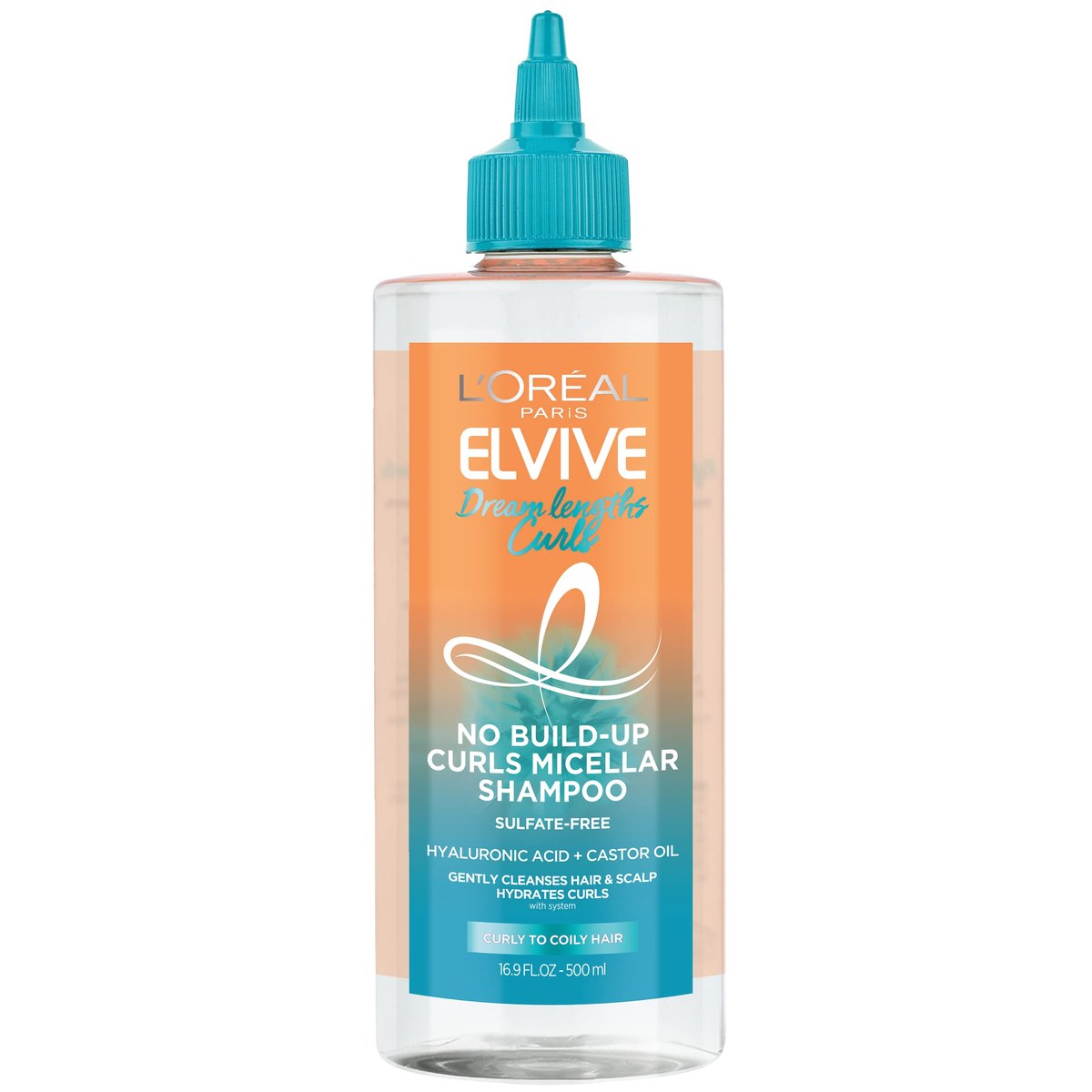 L'Oréal Paris Elvive Dream Lengths Curls No Build-Up Micellar Shampoo - Sulfatfrei, Silikonfrei, Parabenfrei mit Hyaluronsäure und Rizinusöl für lockiges bis krauses Haar, 500 ml