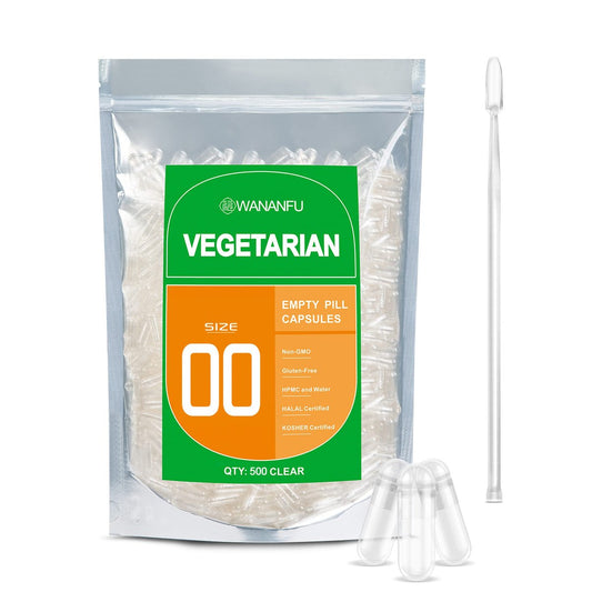 Wananfu Leere Kapseln Größe 00, 500 Stück – Vegane Kapseln mit Mikro-Labellöffel – Klare, Befüllbare Gemüsekapseln für Eigene Nahrungsergänzungsmittel