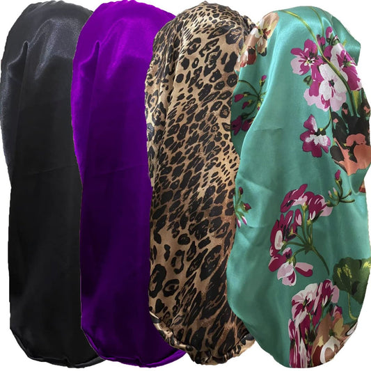 4 Stück Satin-Bonnet für Frauen, lange Schlafhaube, weiche Seidenhaube für Zöpfe