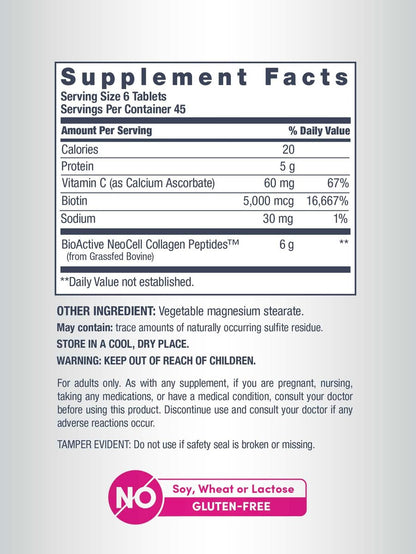 NeoCell Kollagen-Peptid-Kapseln | 270 Kapseln | mit Vitamin C und Biotin | Weidehaltung Rind | Für Haut, Haare & Nägel | Für Frauen und Männer