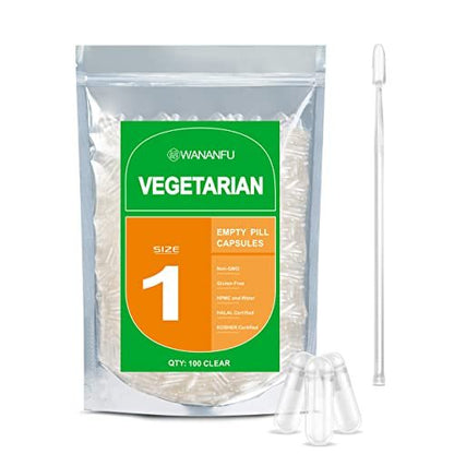 wananfu Leere Kapseln Größe 1, Vegetarisch (100 Stück) mit Mikro-Labellöffel, Klare Befüllbare Veggie-Kapseln Größe 1 für Eigene Nahrungsergänzungsmittel