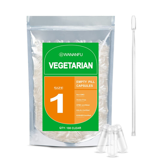 wananfu Leere Kapseln Größe 1, Vegetarisch (100 Stück) mit Mikro-Labellöffel, Klare Befüllbare Veggie-Kapseln Größe 1 für Eigene Nahrungsergänzungsmittel