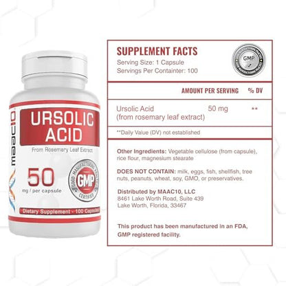 MAAC10 Ursolic Acid 50mg – 100 Kapseln (3-fach konzentriert: 150mg, 33-Tage-Portion) | Aus Rosmarinextrakt | Laborgeprüft | AMPK & Sirtuin-Aktivator