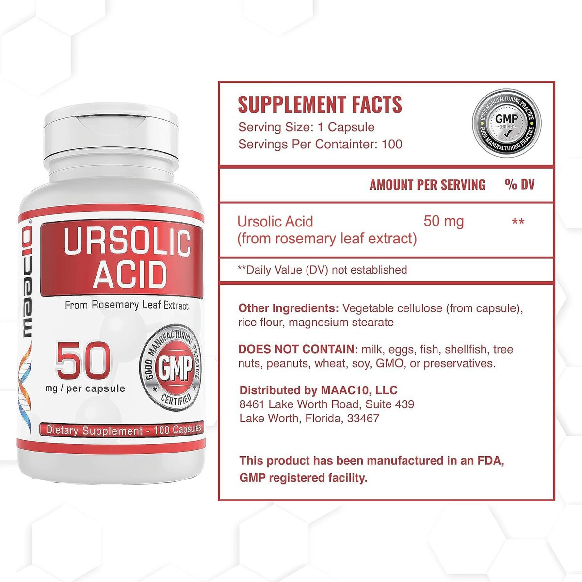 MAAC10 Ursolic Acid 50mg – 100 Kapseln (3-fach konzentriert: 150mg, 33-Tage-Portion) | Aus Rosmarinextrakt | Laborgeprüft | AMPK & Sirtuin-Aktivator