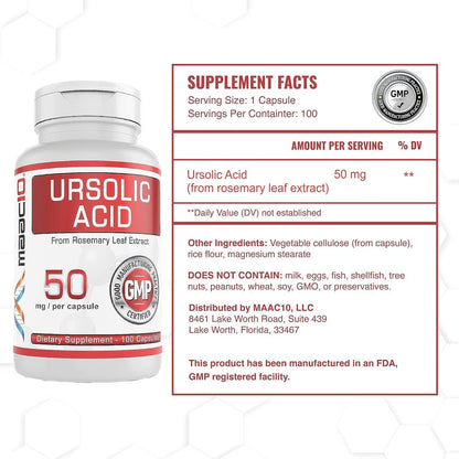 MAAC10 Ursolic Acid 50mg – 100 Kapseln (3-fach konzentriert: 150mg, 33-Tage-Portion) | Aus Rosmarinextrakt | Laborgeprüft | AMPK & Sirtuin-Aktivator