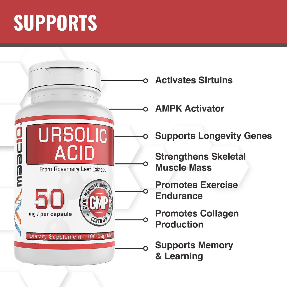 MAAC10 Ursolic Acid 50mg – 100 Kapseln (3-fach konzentriert: 150mg, 33-Tage-Portion) | Aus Rosmarinextrakt | Laborgeprüft | AMPK & Sirtuin-Aktivator