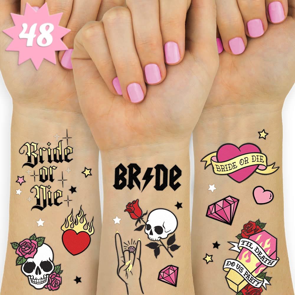 xo, Fetti Bride or Die Junggesellinnenabschied temporäre Tattoos – 48 Folien-Stile | Bis dass der Tod uns scheidet Party-Deko, Brautjungfern-Geschenk, Brautgeschenk + Brautduschen-Zubehör