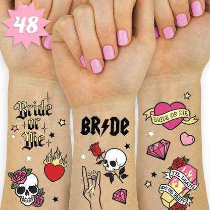 xo, Fetti Bride or Die Junggesellinnenabschied temporäre Tattoos – 48 Folien-Stile | Bis dass der Tod uns scheidet Party-Deko, Brautjungfern-Geschenk, Brautgeschenk + Brautduschen-Zubehör