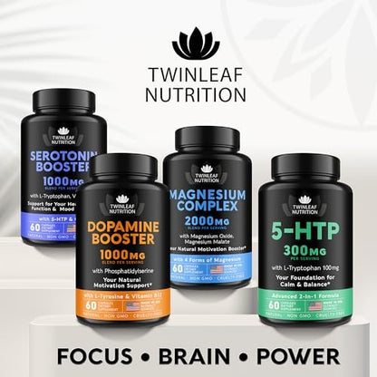 TWINLEAF NUTRITION Dopamin Hirnunterstützung Supplement, 1000 mg Mischung - Hergestellt in den USA - mit DMAE, Vitamin B12 und L-Tyrosin - Steigert das geistige Wohlbefinden - 60 Kapseln