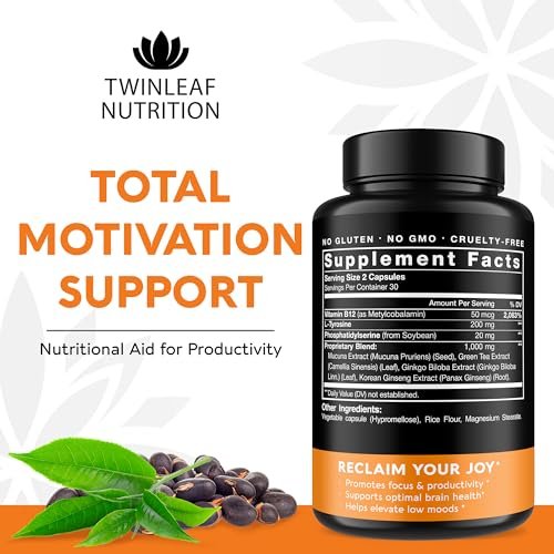 TWINLEAF NUTRITION Dopamin Hirnunterstützung Supplement, 1000 mg Mischung - Hergestellt in den USA - mit DMAE, Vitamin B12 und L-Tyrosin - Steigert das geistige Wohlbefinden - 60 Kapseln