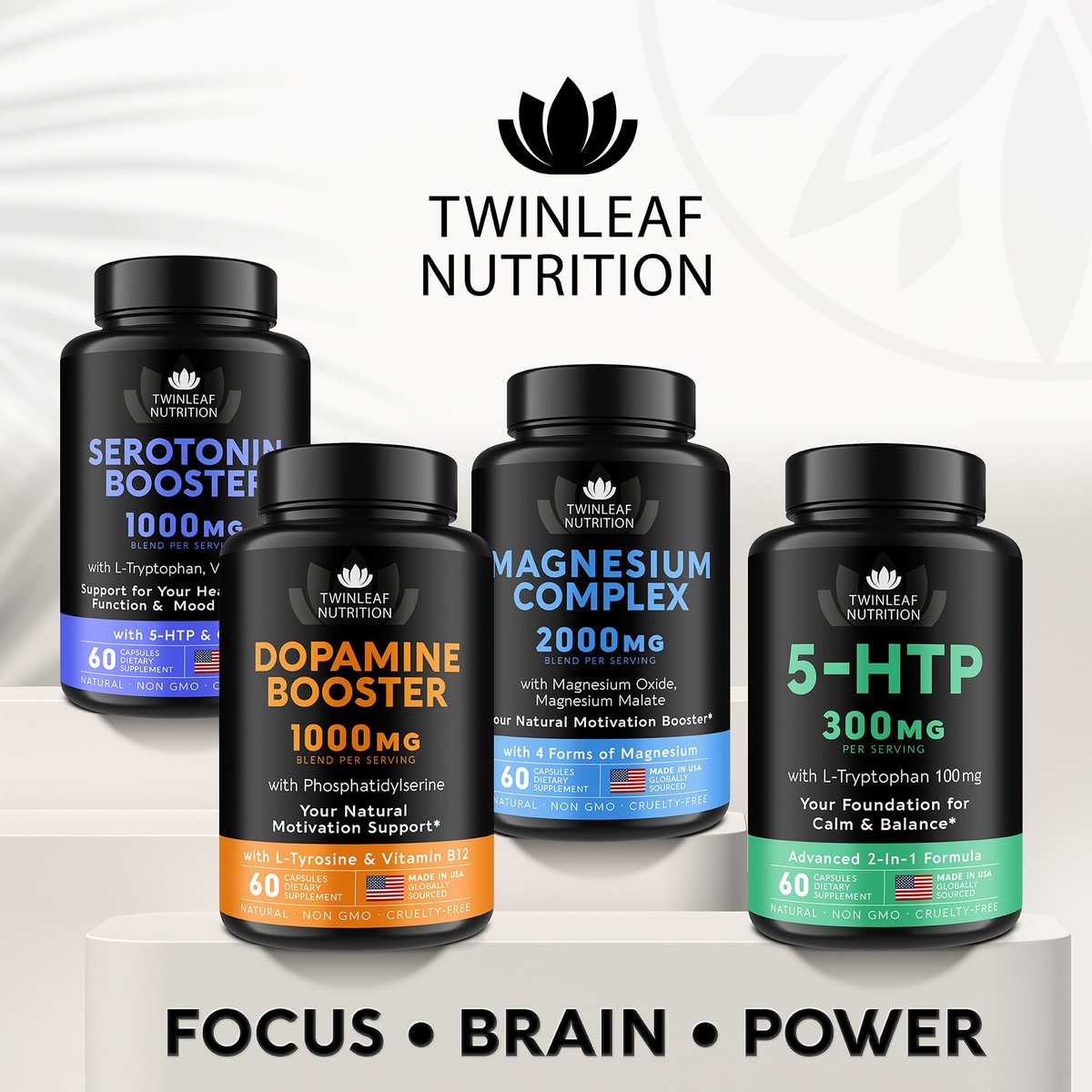 TWINLEAF NUTRITION Dopamin Hirnunterstützung Supplement, 1000 mg Mischung - Hergestellt in den USA - mit DMAE, Vitamin B12 und L-Tyrosin - Steigert das geistige Wohlbefinden - 60 Kapseln