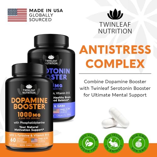 TWINLEAF NUTRITION Dopamin Hirnunterstützung Supplement, 1000 mg Mischung - Hergestellt in den USA - mit DMAE, Vitamin B12 und L-Tyrosin - Steigert das geistige Wohlbefinden - 60 Kapseln