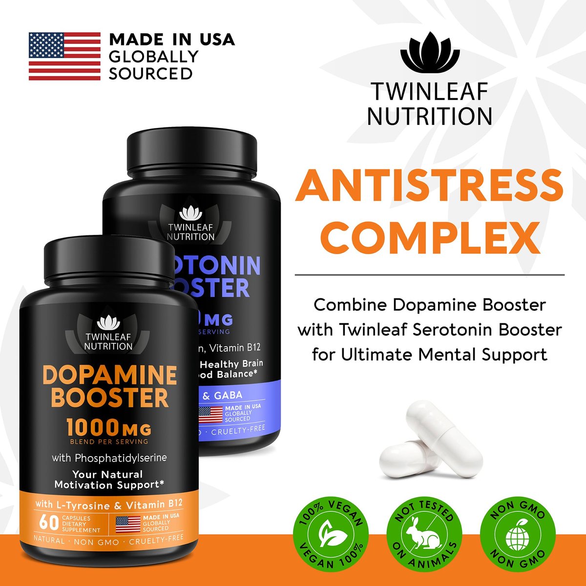 TWINLEAF NUTRITION Dopamin Hirnunterstützung Supplement, 1000 mg Mischung - Hergestellt in den USA - mit DMAE, Vitamin B12 und L-Tyrosin - Steigert das geistige Wohlbefinden - 60 Kapseln