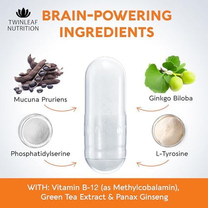 TWINLEAF NUTRITION Dopamin Hirnunterstützung Supplement, 1000 mg Mischung - Hergestellt in den USA - mit DMAE, Vitamin B12 und L-Tyrosin - Steigert das geistige Wohlbefinden - 60 Kapseln