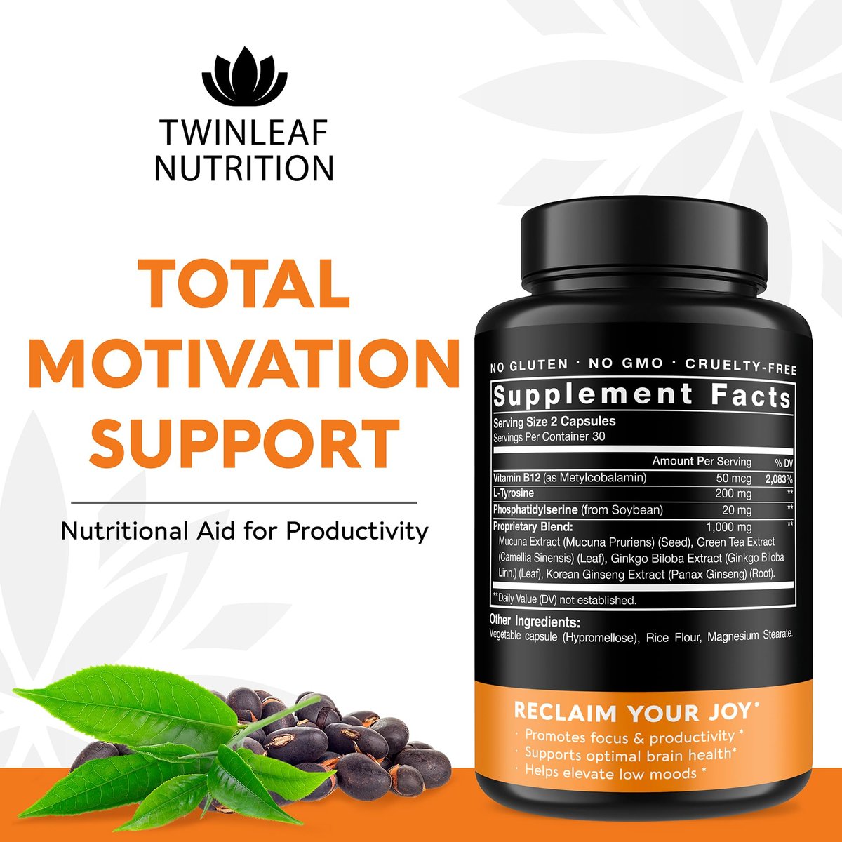 TWINLEAF NUTRITION Dopamin Hirnunterstützung Supplement, 1000 mg Mischung - Hergestellt in den USA - mit DMAE, Vitamin B12 und L-Tyrosin - Steigert das geistige Wohlbefinden - 60 Kapseln