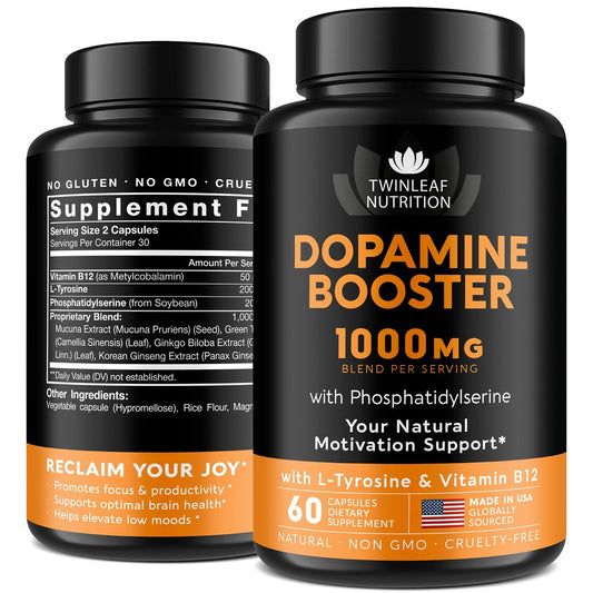 TWINLEAF NUTRITION Dopamin Hirnunterstützung Supplement, 1000 mg Mischung - Hergestellt in den USA - mit DMAE, Vitamin B12 und L-Tyrosin - Steigert das geistige Wohlbefinden - 60 Kapseln