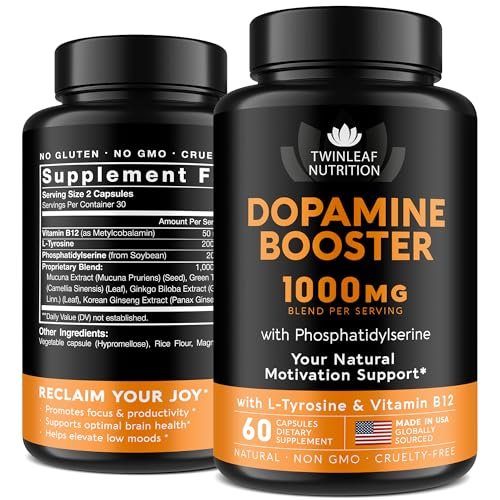 TWINLEAF NUTRITION Dopamin Hirnunterstützung Supplement, 1000 mg Mischung - Hergestellt in den USA - mit DMAE, Vitamin B12 und L-Tyrosin - Steigert das geistige Wohlbefinden - 60 Kapseln