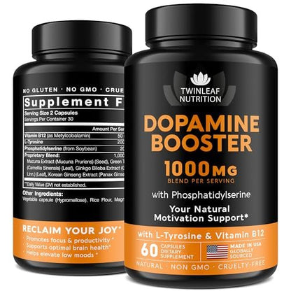 TWINLEAF NUTRITION Dopamin Hirnunterstützung Supplement, 1000 mg Mischung - Hergestellt in den USA - mit DMAE, Vitamin B12 und L-Tyrosin - Steigert das geistige Wohlbefinden - 60 Kapseln