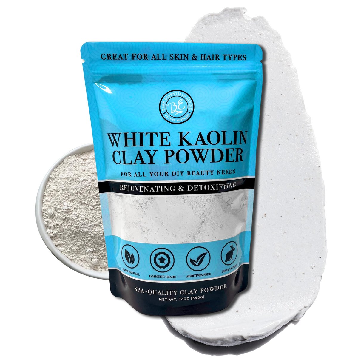 Bare Essentials Living - Weißer Kaolin-Ton Pulver (340g) 100% natürliches weißes Tonpulver für Seedbomben, Gesichtsmaske, Körperpulver, Seife, Badebombe, Deodorant, Kaolin-Ton für Gartenbau