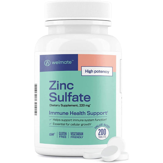 WELMATE Zinksulfat 220 mg (50 mg elementares Zink) Hochdosierte Tabletten, 200 Stück (200-Tage-Vorrat) - Nahrungsergänzungsmittel für das Immunsystem für Männer & Frauen - Haut- & Haargesundheit - Vegetarisch, Glutenfrei