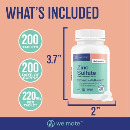 WELMATE Zinksulfat 220 mg (50 mg elementares Zink) Hochdosierte Tabletten, 200 Stück (200-Tage-Vorrat) - Nahrungsergänzungsmittel für das Immunsystem für Männer & Frauen - Haut- & Haargesundheit - Vegetarisch, Glutenfrei