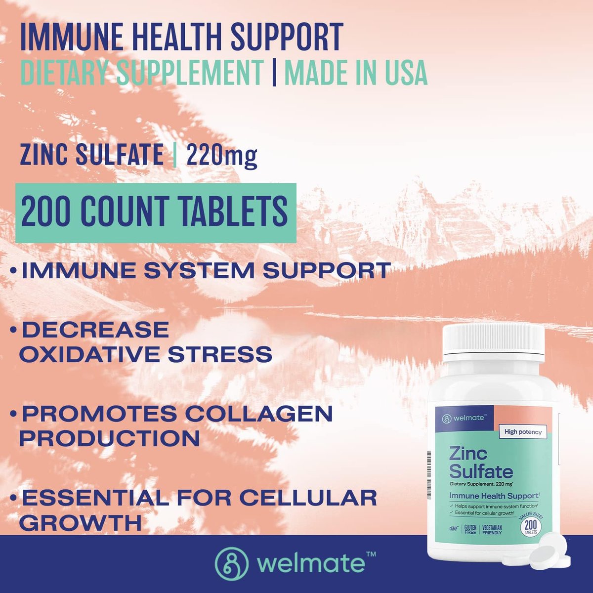 WELMATE Zinksulfat 220 mg (50 mg elementares Zink) Hochdosierte Tabletten, 200 Stück (200-Tage-Vorrat) - Nahrungsergänzungsmittel für das Immunsystem für Männer & Frauen - Haut- & Haargesundheit - Vegetarisch, Glutenfrei