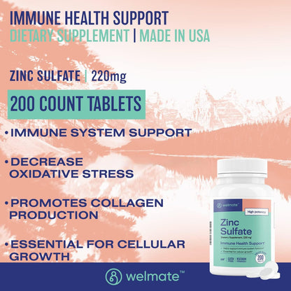WELMATE Zinksulfat 220 mg (50 mg elementares Zink) Hochdosierte Tabletten, 200 Stück (200-Tage-Vorrat) - Nahrungsergänzungsmittel für das Immunsystem für Männer & Frauen - Haut- & Haargesundheit - Vegetarisch, Glutenfrei