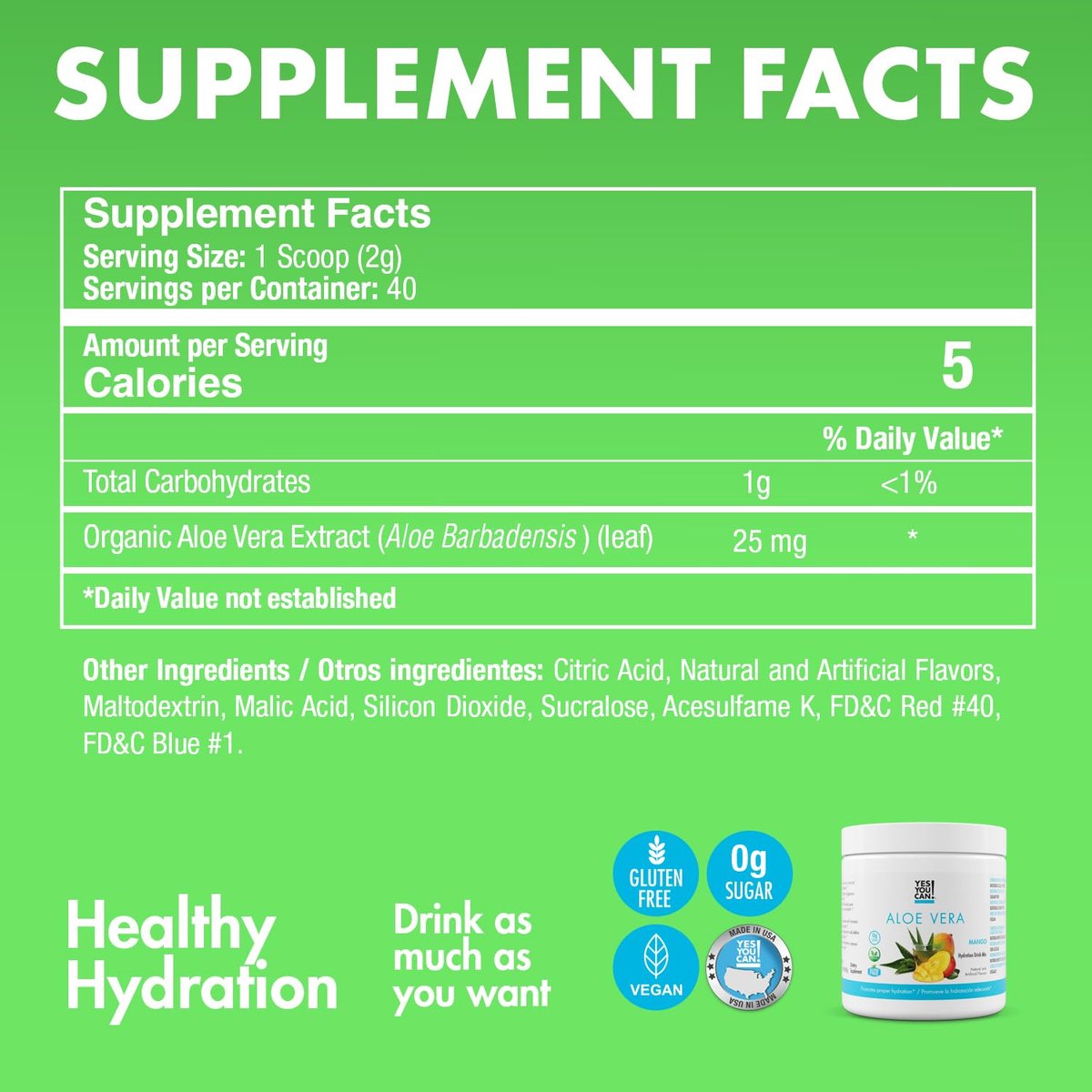 Yes You Can! Aloe Vera Pulvergetränk – Mango-Geschmack, 40 Portionen – Hydrationsbooster mit reinem Bio-Aloe-Vera-Extrakt – Antioxidantienreich – Hergestellt in den USA