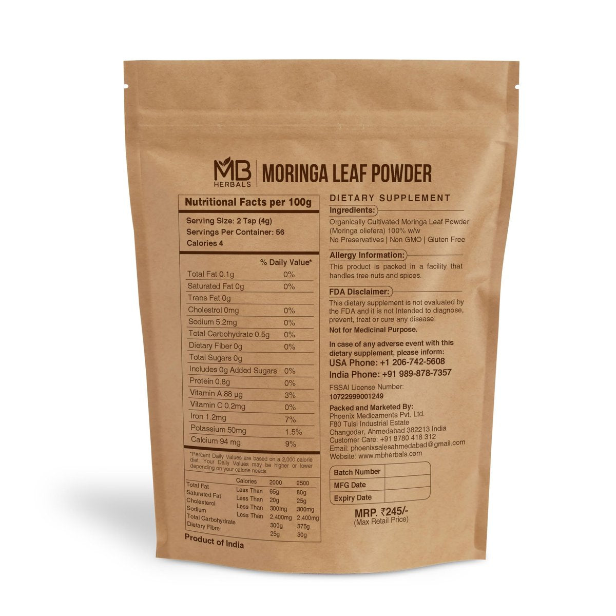 MB Herbals Moringa Pulver – 227g (8 oz) | 100% reines Moringa-Blattpulver | Löst sich leicht in Getränken & Smoothies | Ohne Konservierungsstoffe