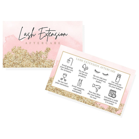 Wimpernverlängerung Pflegekarten | 50 Stück | 2x3,5 Zoll Visitenkartengröße | Wimpernverlängerungszubehör | Wimpernpflege | Rosa Aquarell- und Golddesign