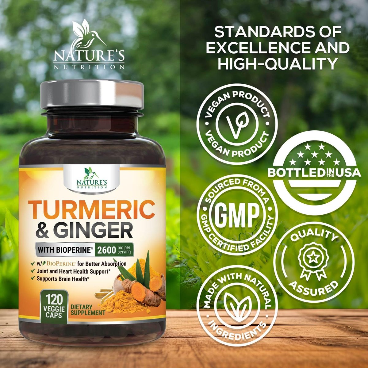 Curcumin mit BioPerin und Ingwer – 2000 mg Bio-Turmeric pro Portion, 95 % Curcuminoide, mit schwarzem Pfeffer für beste Absorption – vegane Gelenkunterstützung – 120 Kapseln