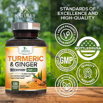 Curcumin mit BioPerin und Ingwer – 2000 mg Bio-Turmeric pro Portion, 95 % Curcuminoide, mit schwarzem Pfeffer für beste Absorption – vegane Gelenkunterstützung – 120 Kapseln