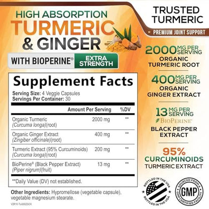 Curcumin mit BioPerin und Ingwer – 2000 mg Bio-Turmeric pro Portion, 95 % Curcuminoide, mit schwarzem Pfeffer für beste Absorption – vegane Gelenkunterstützung – 120 Kapseln