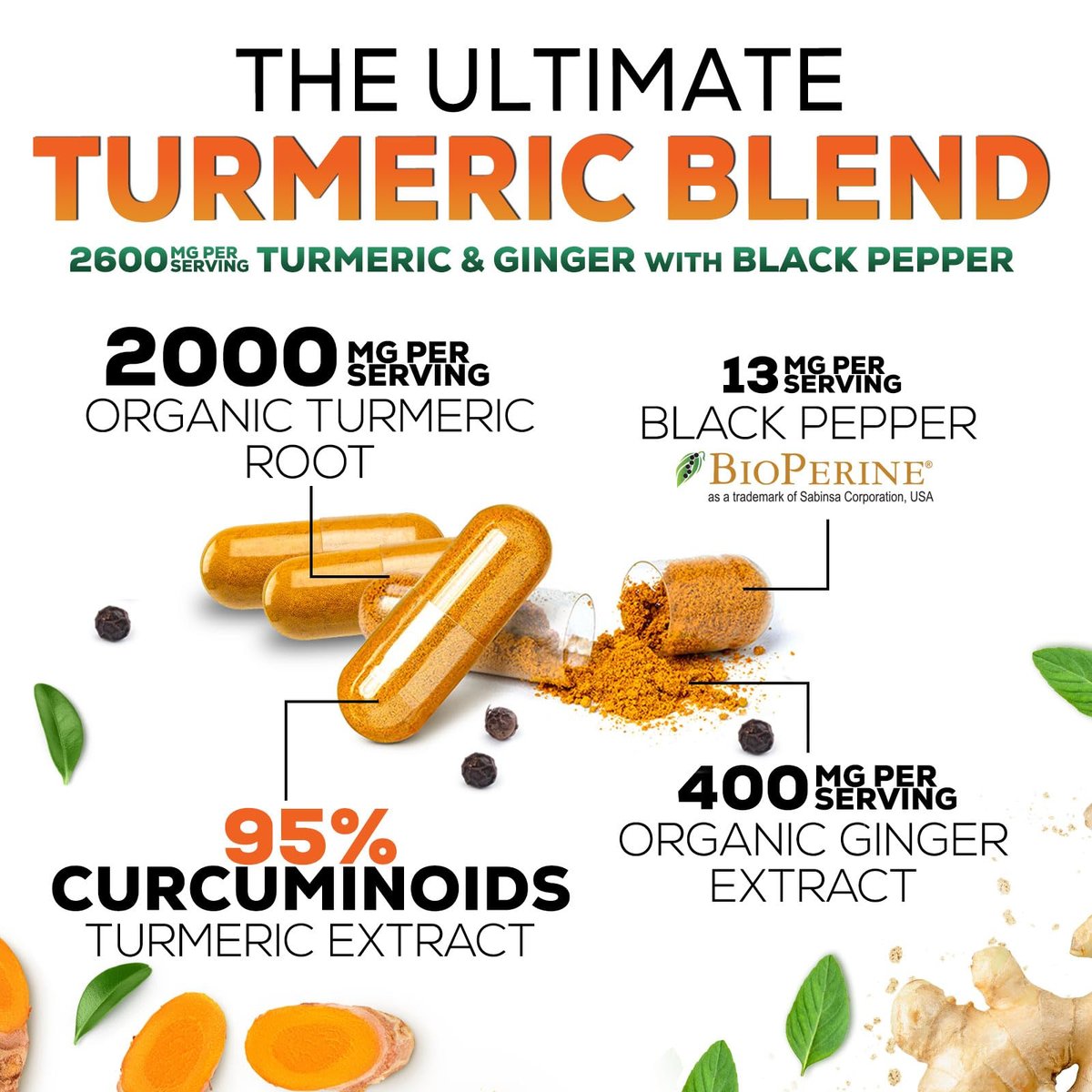 Curcumin mit BioPerin und Ingwer – 2000 mg Bio-Turmeric pro Portion, 95 % Curcuminoide, mit schwarzem Pfeffer für beste Absorption – vegane Gelenkunterstützung – 120 Kapseln